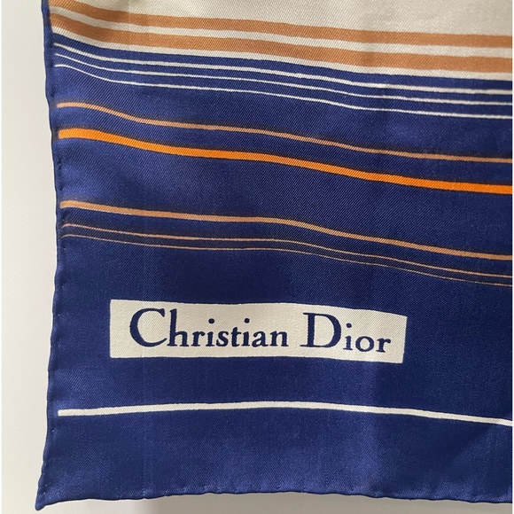 Christian DIOR Rare Vintage Rectangular Blue/Orange/Tan/White Striped Silk Scarf - Picture 3 of 10
